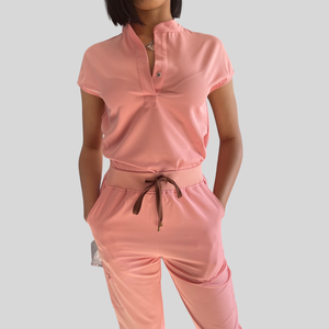 Mauve pink medical skrub set with a sleek mandarin collar to 